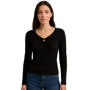 INC Black Keyhole Front Long Sleeve Ribbed Stretch Knit Top Blouse Women’s Large